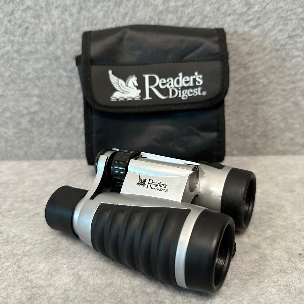Readers Digest 4x30 Compact Binoculars Silver Black with Carrying Case and Strap